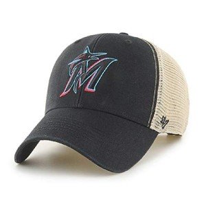 47 Brand MLB Team Color Flagship Mesh Trucker Primary Logo MVP Adjustable Structure Baseball Cap Hat, Adult One Size Fits All - Miami Marlins Black