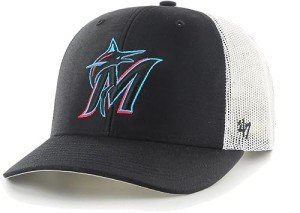 47 MLB Team Color Primary Logo Mesh Trucker Snapback Adjustable Hat Cap, Adult One Size Fits All - Miami Marlins Black