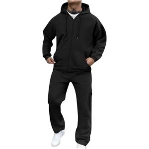 Mens Track Suits 2 Piece Set Fleece Lined Sweatsuits Full Zip Up Hoodie and Cargo Pants Tracksuits with Pockets 2025 Fall Fashion Gym Outfits Activewear Workout Clothes 01# Black Large