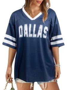 Women Jersey Shirts Football V Neck Shirt Game Day Season Tops Short Sleeve Tee Blue