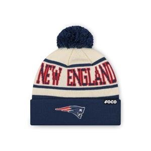 FOCO New England Patriots NFL Primary Team Logo Heritage Stripe Pom Beanie Hat, Cream