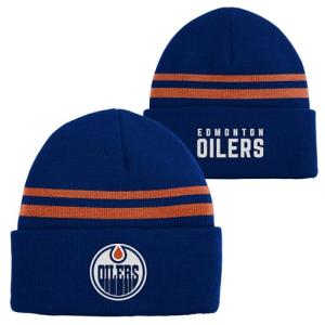 NHL Kids Youth 8-20 Official Cold Weather Striped Cuffed Knit Beanie Hat (US, Alpha, One Size, Edmonton Oilers)