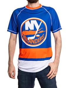 Calhoun NHL Mens Performance Quick Dry Moisture Wicking Rash Guard Short Sleeve Shirt (New York Islanders, X-Large)