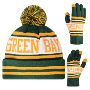 Classic Skull Cap Green Bay Beanie Hat With Faux Fur Pom Cuffed Winter Hat Knit Comes With Warm Touch Screen Gloves Gifts