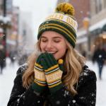 Classic Skull Cap Green Bay Beanie Hat With Faux Fur Pom Cuffed Winter Hat Knit Comes With Warm Touch Screen Gloves Gifts