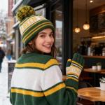 Classic Skull Cap Green Bay Beanie Hat With Faux Fur Pom Cuffed Winter Hat Knit Comes With Warm Touch Screen Gloves Gifts