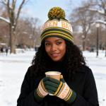 Classic Skull Cap Green Bay Beanie Hat With Faux Fur Pom Cuffed Winter Hat Knit Comes With Warm Touch Screen Gloves Gifts