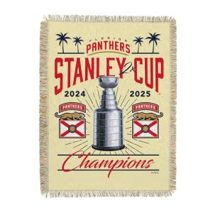 Northwest Florida Panthers 2025 Stanley Cup Champions Recorded Woven Tapestry Throw Blanket – Official NHL, 48 x 60 Inches, Decorative Fringed Edges, Soft Polyester, Team Logo, Championship Gift