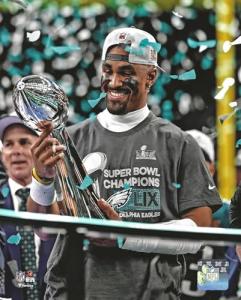 Philadelphia Eagles Jalen Hurts Holds The S.B. Trophy After Winning The 2025 Championship Game ! 8x10 Photo Poster. - Valentines Day, Birthday, Fathers Day, Or Christmas Gifts For Men, Dad, And Husband