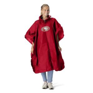 Northwest NFL San Francisco 49ers Lightweight Waterproof Pullover Poncho with Hood and Mesh Storage Bag, Compact Rain Gear for Hiking, Camping, Travel, Festivals, and Outdoor Activities Red