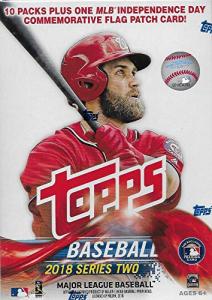 2018 Topps Baseball Series #2 Unopened Blaster Box with 10 Packs and One Exclusive Independence Day Commemorative Flag Patch Card and Possible Shohei Otani Rookies