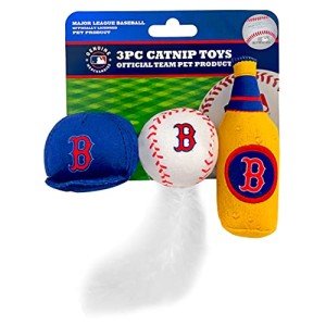BEST PLUSH CAT TOY MLB BOSTON RED SOX Complete Set of 3 piece Cat Toys filled with Fresh Catnip. Includes: 1 Baseball Cap Cat Toy, 1 Baseball Cat Toy with Feathers & 1 Beer Bottle. Beautiful Team LOGO