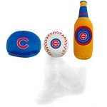 BEST PLUSH CAT TOY: MLB CHICAGO CUBS Complete Set of 3 piece Cat Toys filled with Fresh Catnip. Includes: 1 Baseball Cap Cat Toy, 1 Baseball Cat Toy with Feathers & 1 Beer Bottle. Beautiful Team LOGOS