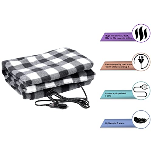 12-Volt Electric Heated Car Blanket - Black Plaid