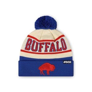 FOCO Buffalo Bills NFL Retro Team Logo Heritage Stripe Pom Beanie Hat, Cream