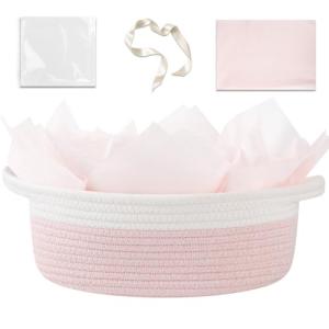 Cute Woven Gift Basket with Handle – Pink & White