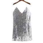Silver Sequined Deep V Neck Backless Mini Dress