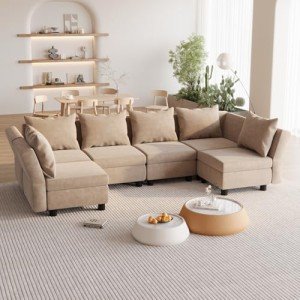 Beige Modular Corner Sofa with Storage and Adjustable Features