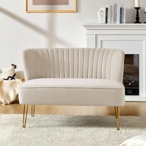 Velvet 2-Seater Sofa with Gold Legs – Tan