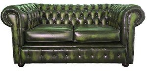 Antique Green Leather Two-Seater Chesterfield Sofa
