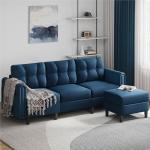 Reversible Blue Velvet L-Shaped Sectional Sofa