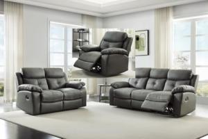 Chic Dark Grey Leather Reclining Sofa Suite
