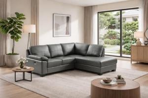 Grey Genuine Leather Corner Sofa BOSTON with USB