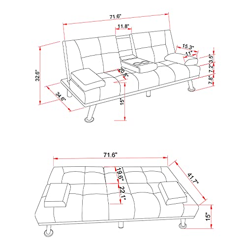Elegant Dark Gray Fabric Sofa Bed with Cup Holders