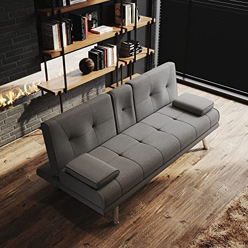 Elegant Dark Gray Fabric Sofa Bed with Cup Holders