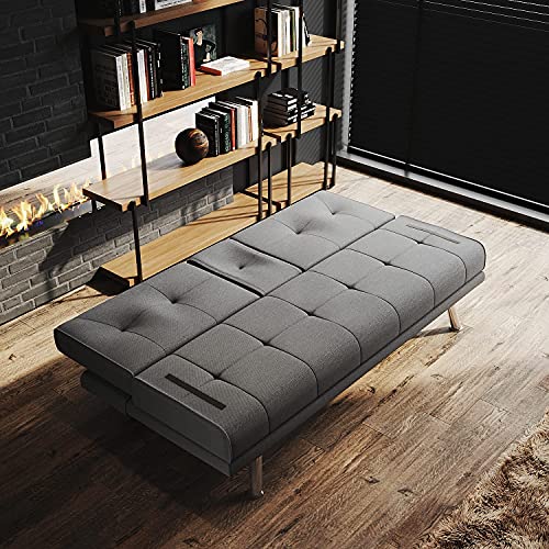 Elegant Dark Gray Fabric Sofa Bed with Cup Holders