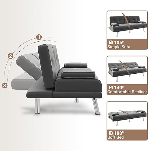 Elegant Dark Gray Fabric Sofa Bed with Cup Holders