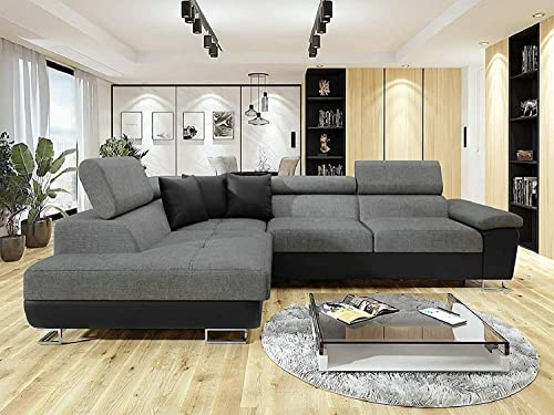 Black & Grey Fabric Corner Sofa Bed - Left Side