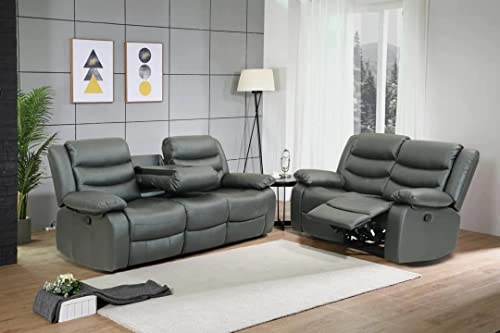 Roma Grey Leather Recliner Sofa Set - 3 Pieces