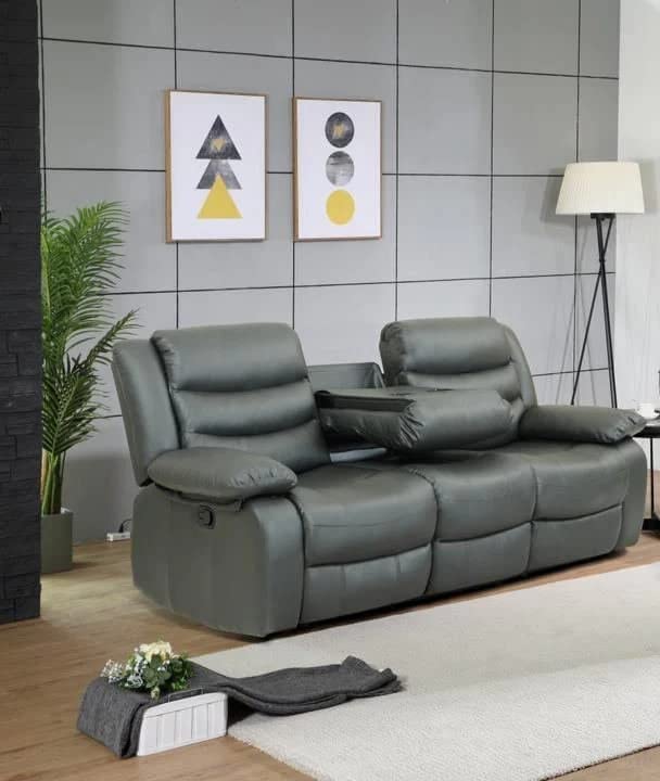 Roma Grey Leather Recliner Sofa Set - 3 Pieces
