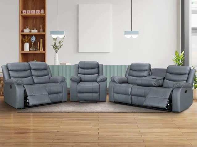 Roma Grey Leather Recliner Sofa Set - 3 Pieces