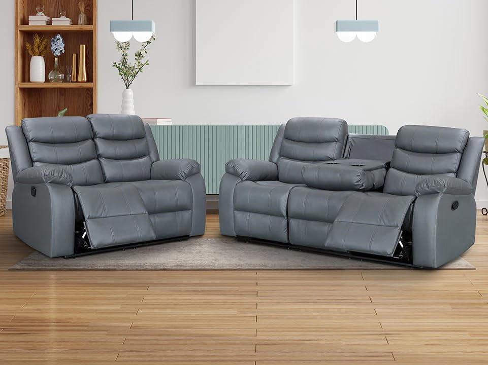 Roma Grey Leather Recliner Sofa Set - 3 Pieces