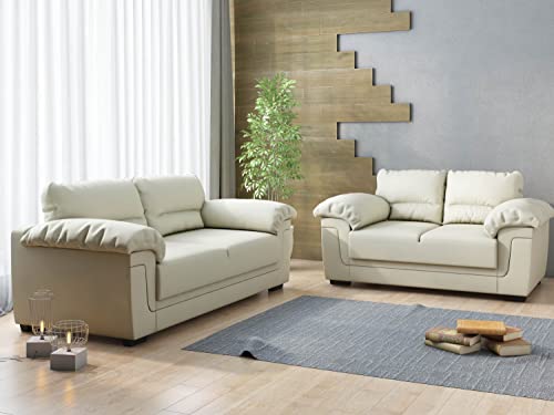 Beige Faux Leather 2-Seater Sofa with Cushions