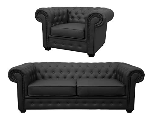 Chesterfield Venus Black Faux Leather Sofa Set