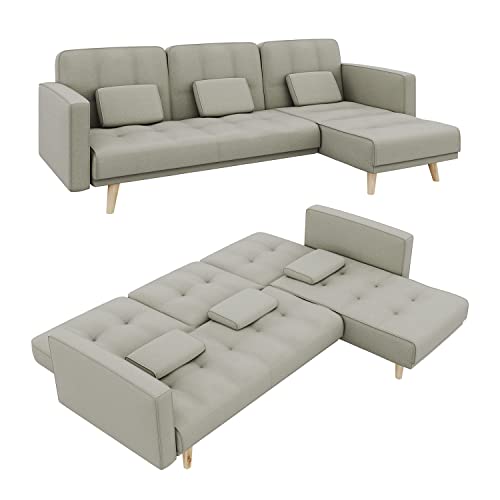 Elegant Grey L-Shaped Sofa Bed with Wooden Legs