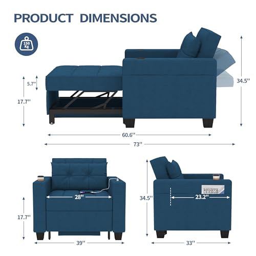 Convertible Sleeper Armchair with USB Ports - Navy Blue