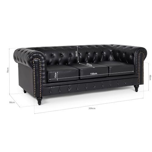 Bravich Black Leather Chesterfield 3-Seater Sofa