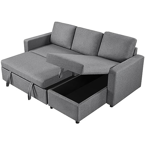 Light Grey L-Shaped Sofa Bed with Storage