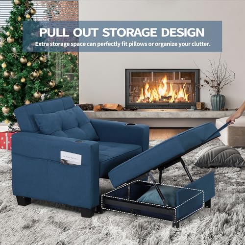 Convertible Sleeper Armchair with USB Ports - Navy Blue
