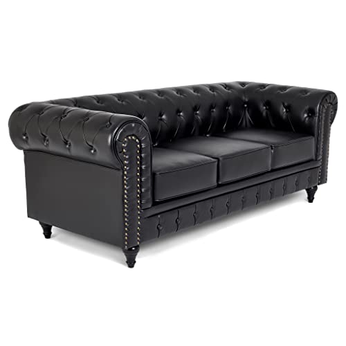 Bravich Black Leather Chesterfield 3-Seater Sofa