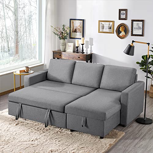 Light Grey L-Shaped Sofa Bed with Storage