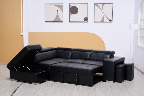Black L-Shaped Sofa Bed with Storage & Stools