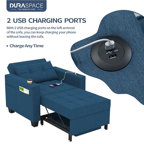 Convertible Sleeper Armchair with USB Ports - Navy Blue