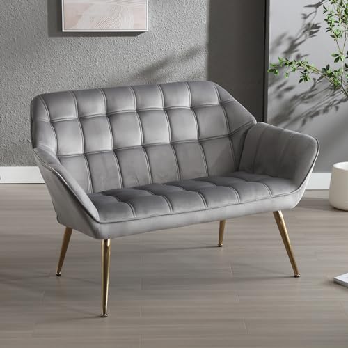 Gray Velvet 2-Seater Sofa with Gold Legs