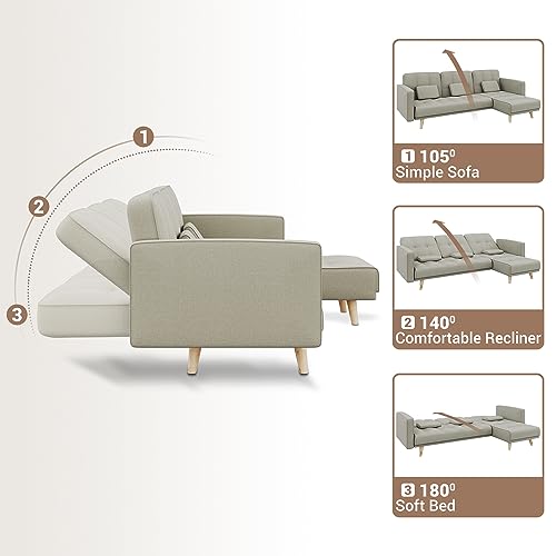 Elegant Grey L-Shaped Sofa Bed with Wooden Legs