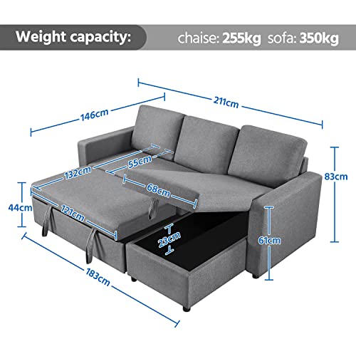 Light Grey L-Shaped Sofa Bed with Storage